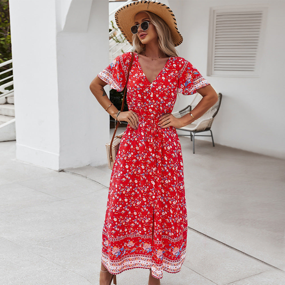 Robe décontractée sexy à imprimé, col en V, style vacances.