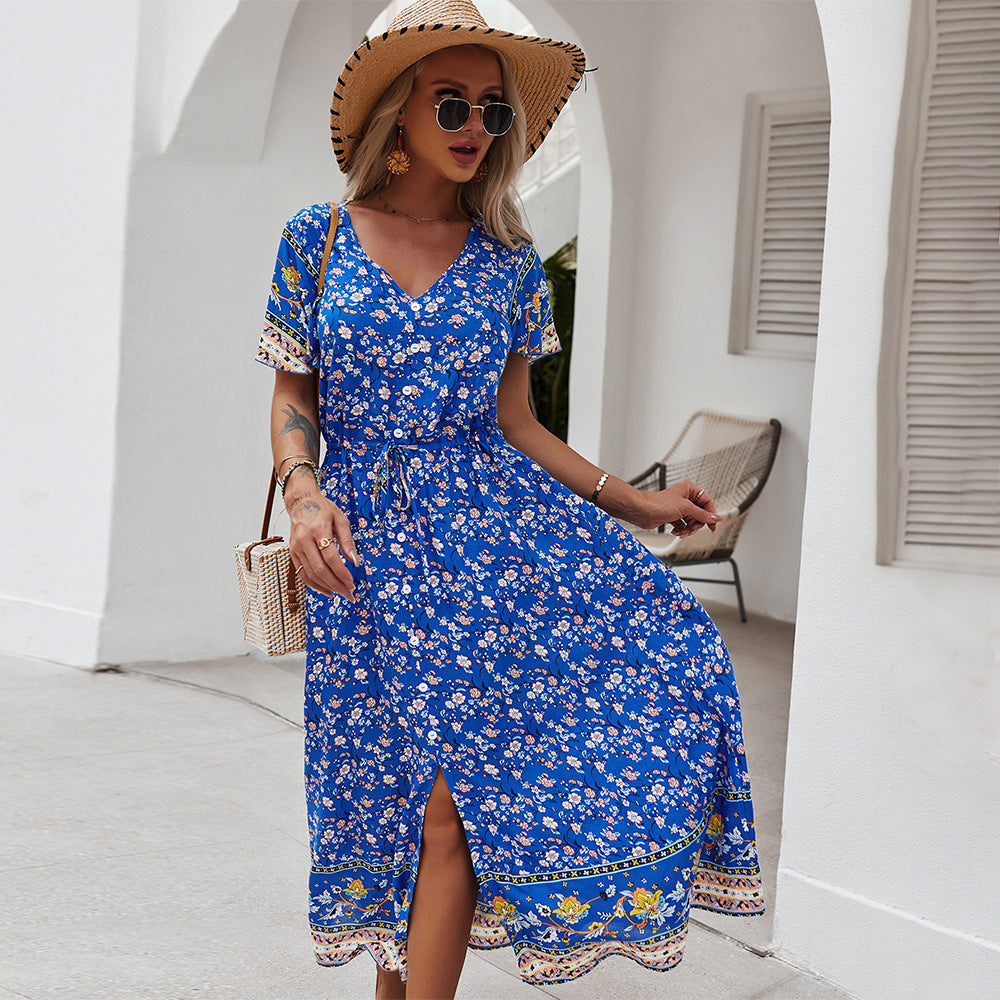 Robe décontractée sexy à imprimé, col en V, style vacances.