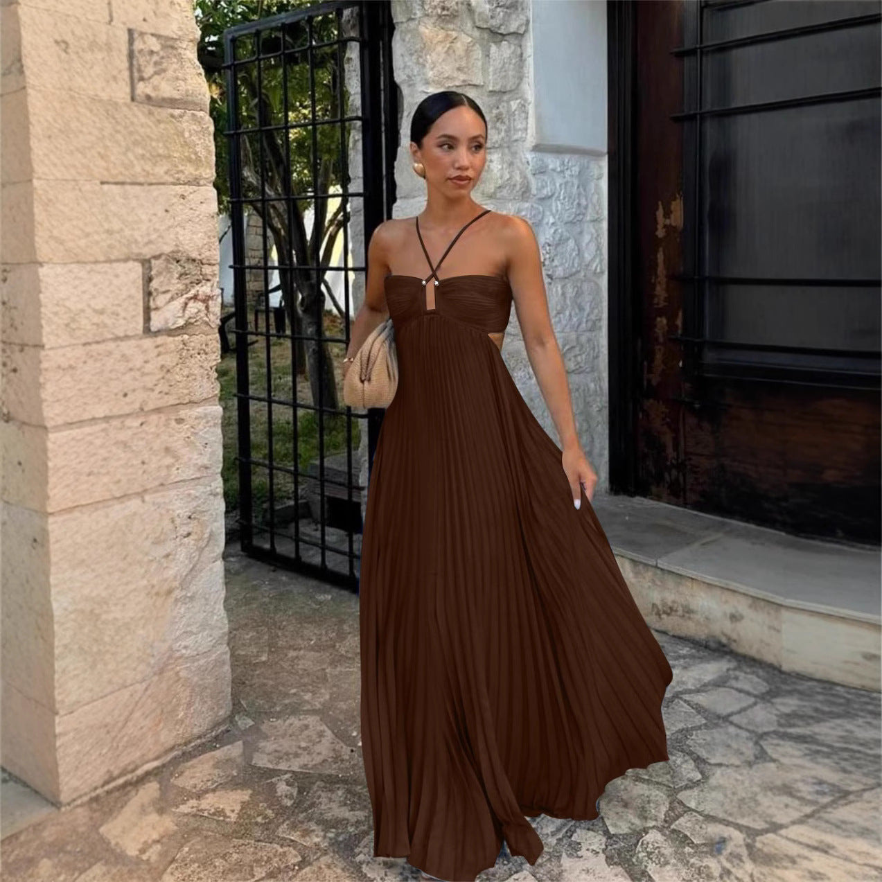 Robe unie plissée sans manches à bretelles et bustier