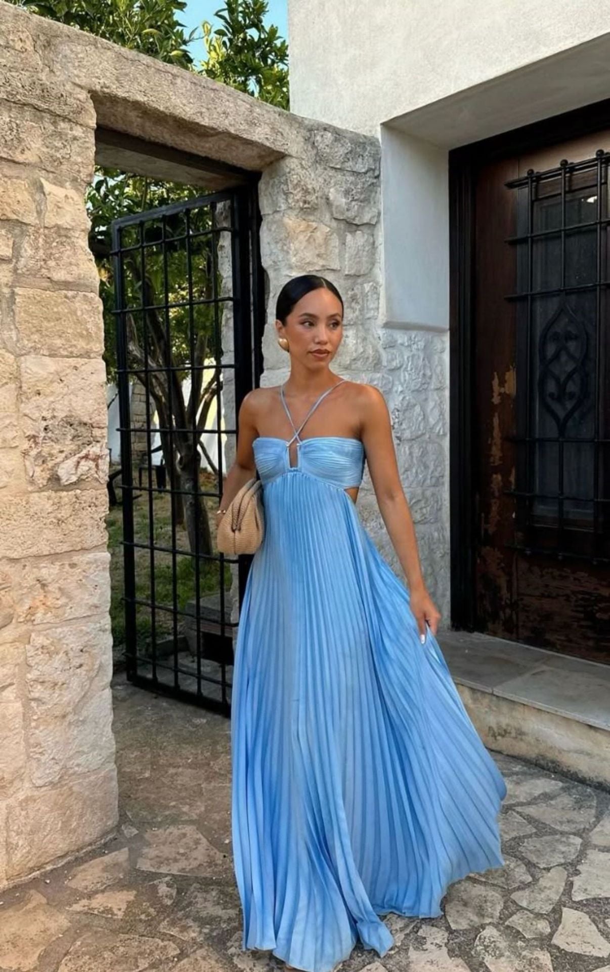 Robe unie plissée sans manches à bretelles et bustier