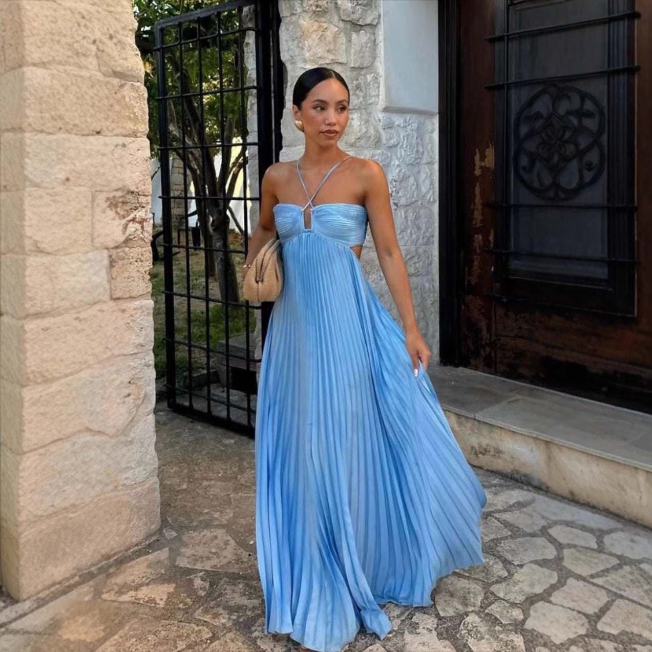 Robe unie plissée sans manches à bretelles et bustier