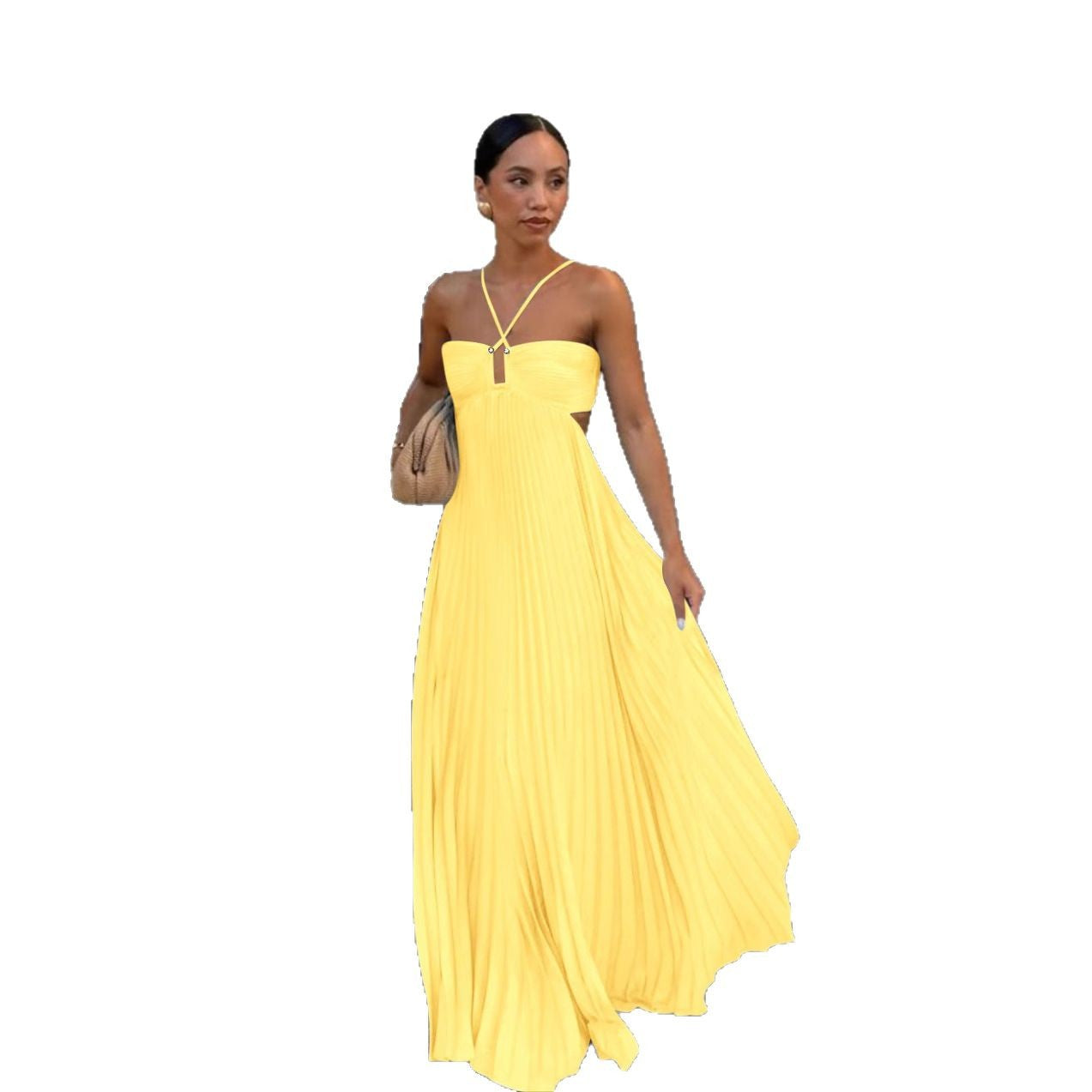 Robe unie plissée sans manches à bretelles et bustier