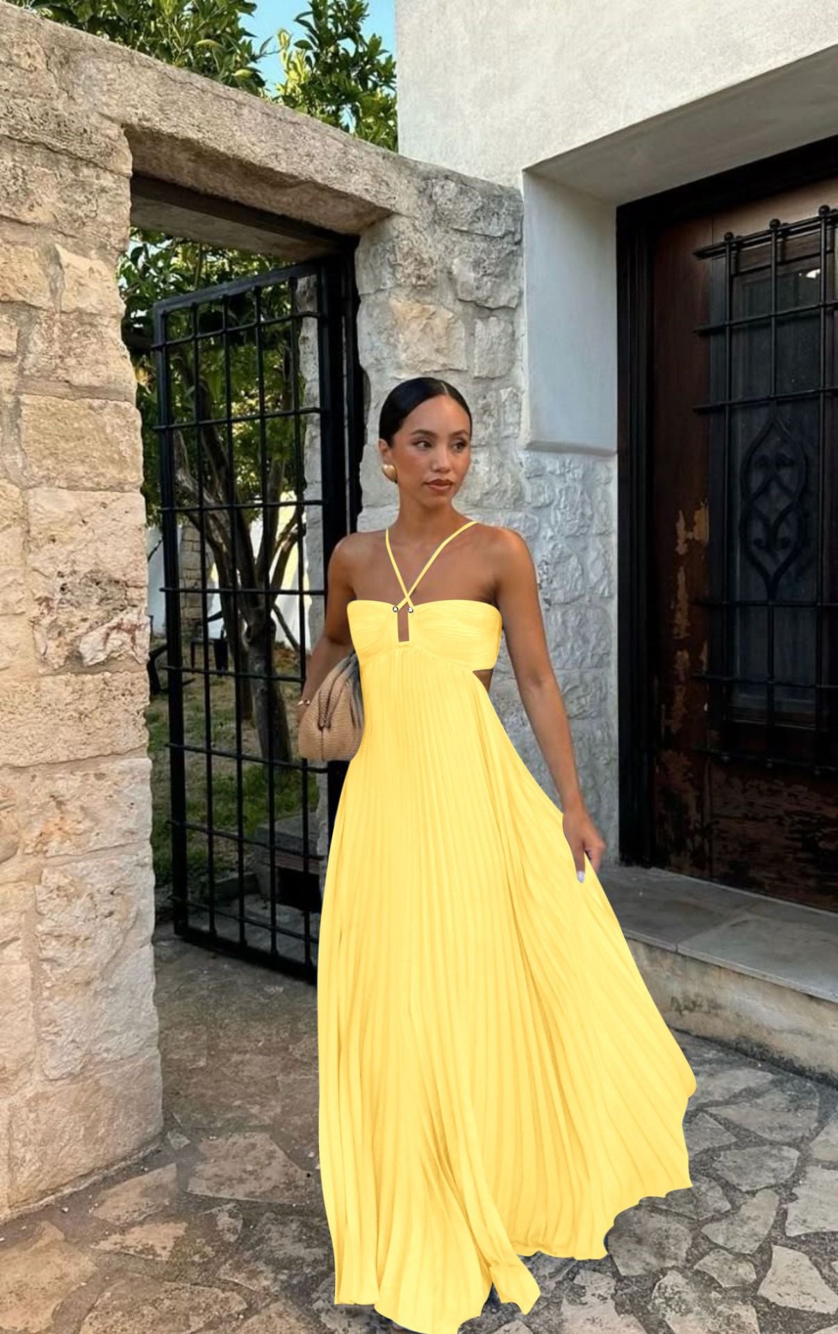 Robe unie plissée sans manches à bretelles et bustier