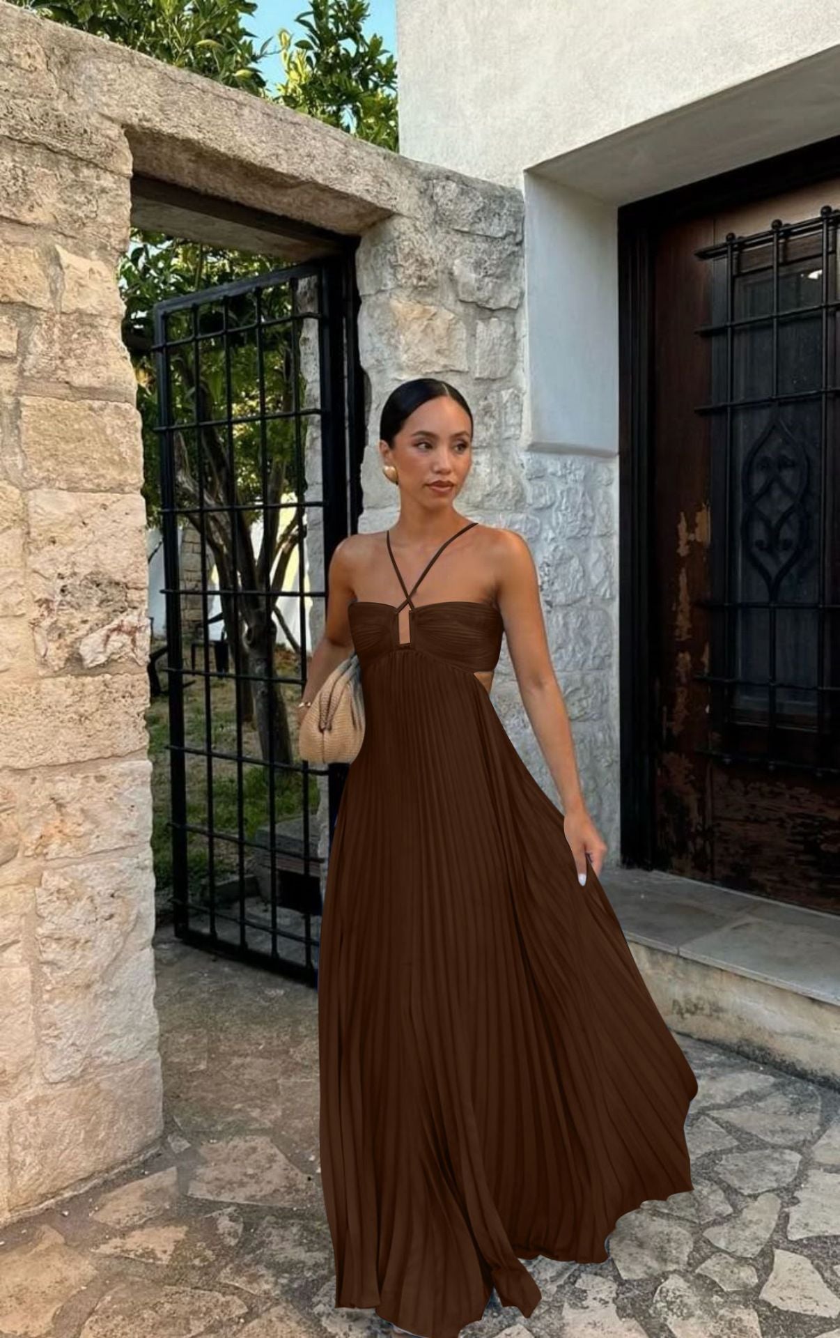 Robe unie plissée sans manches à bretelles et bustier