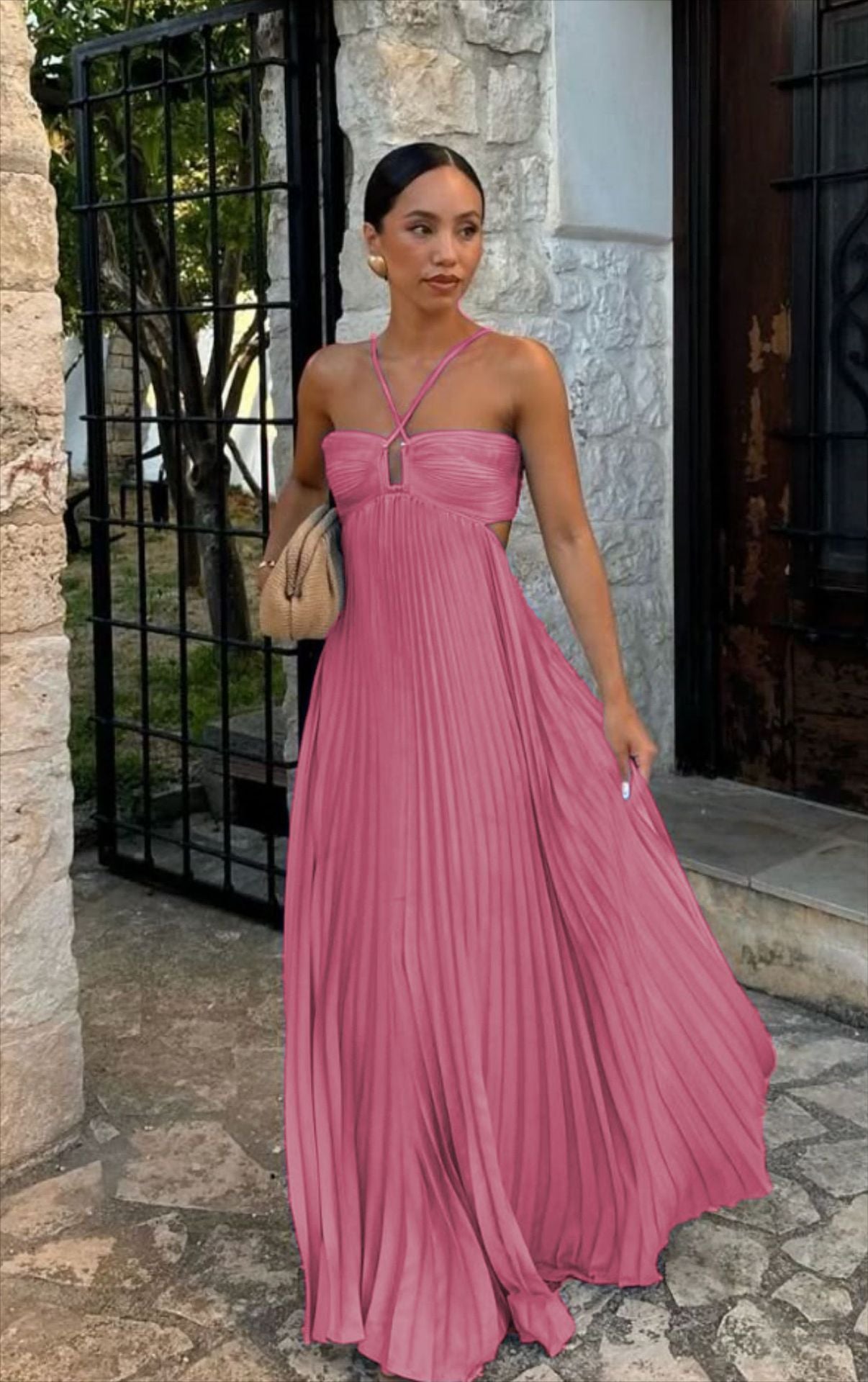 Robe unie plissée sans manches à bretelles et bustier