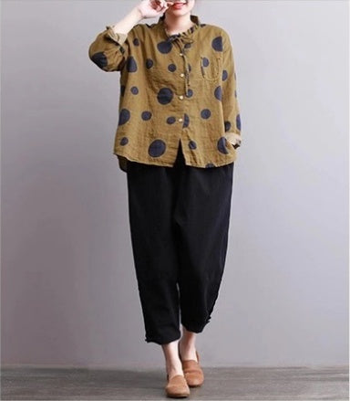 Blouse Femme Décontractée à Col Montant - Imprimé Pois & Coupe Loose