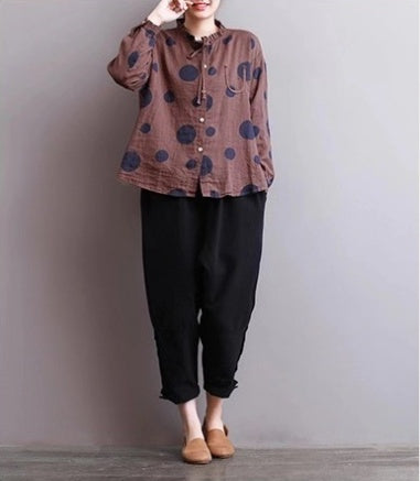 Blouse Femme Décontractée à Col Montant - Imprimé Pois & Coupe Loose