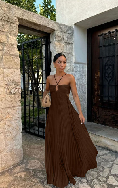 Robe unie plissée sans manches à bretelles et bustier